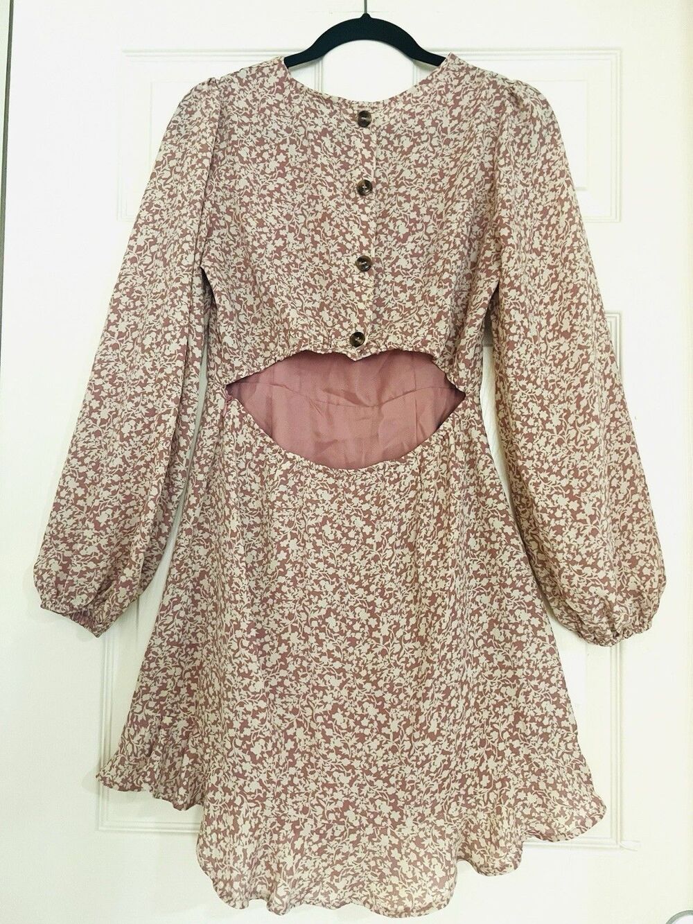 Lulus Dress M NWOT Floral Mini Long Sleeve Mauve Pink Cottagecore Boho Open Back